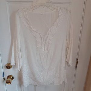 White Lace Cotton Floral Design Blouse Women Large